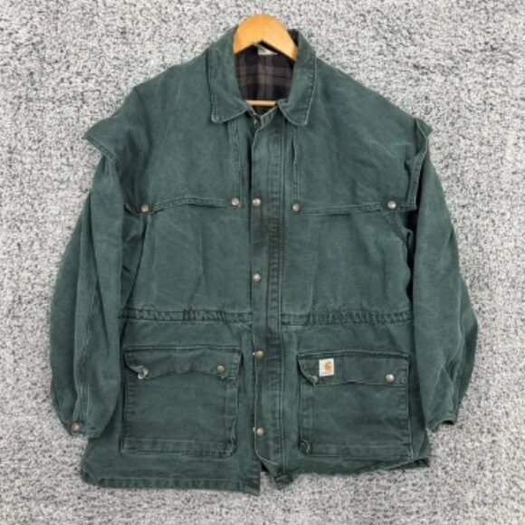 Vintage Carhartt Jacket Mens XL Green Canvas Cape Duster Lined Chore Coat USA - Picture 1 of 14